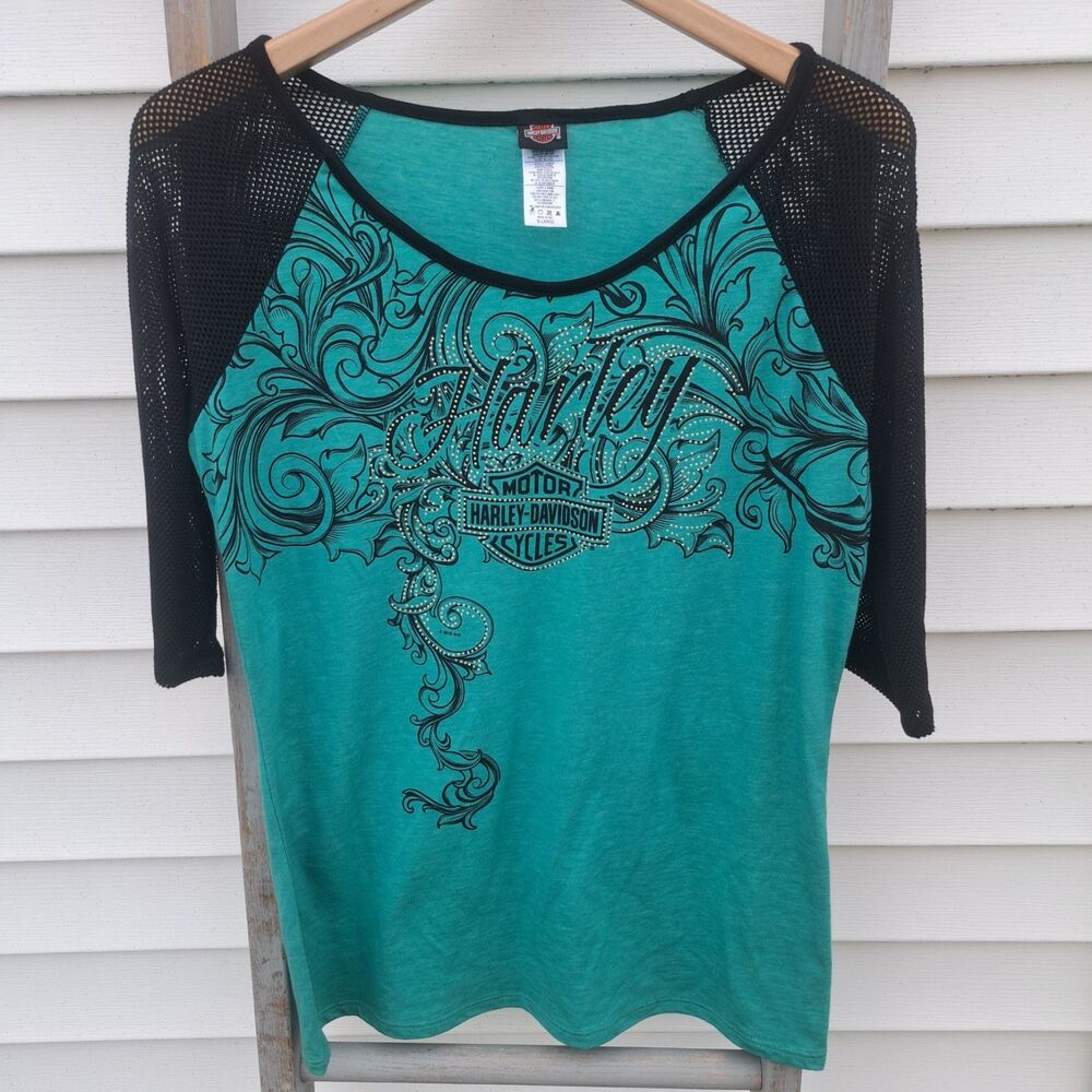 Harley-Davidson Womens XL Teal Blue Black Mesh Half Sleeve Top HD Gildners MI - Picture 2 of 8